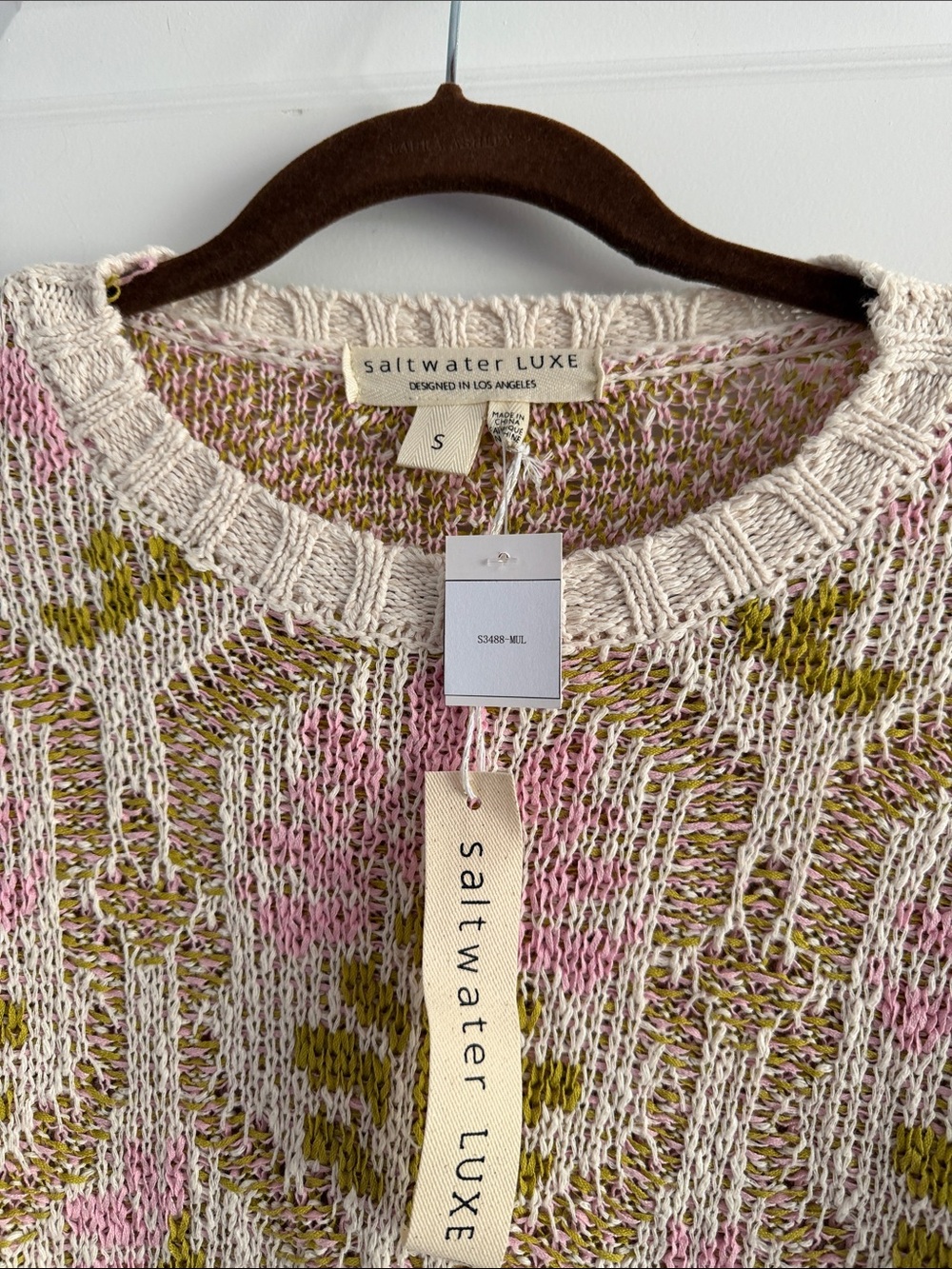 Anthro saltwater LUXE Cream Knit Crewneck Sweater with Pink & Olive Floral Motif - Picture 3 of 7